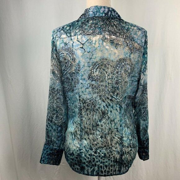 Chicos Flocked Button Up Shirt 0 Blue Black Paisley Sheer Collared V Neck Fitted - Picture 3 of 3